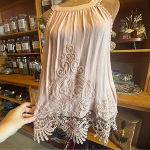 Elegant Lace Trim Pink Top Size M
